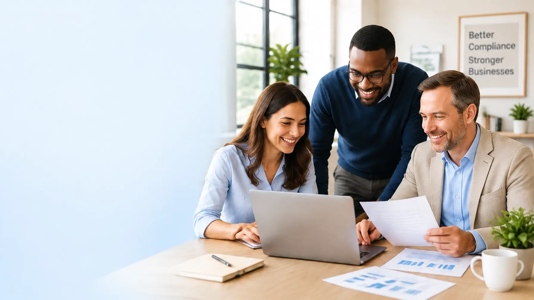 Three compliance professionals reviewing records around a laptop in a bright office
